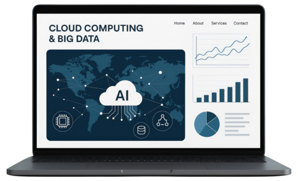 Laptop displaying cloud computing and big data analytics with AI computer technology isolated on a transparent background