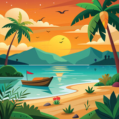 Summer vacation tropical coast with lush green plants, seashells and small fishing boat illustration