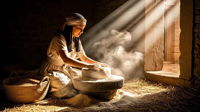 Woman anciently grinding grain into flour using a hand mill in a sunlit room, historical life footage