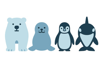 Obraz premium Charming collection of arctic and Antarctic animals including a polar bear, seal, penguin, and orca in a flat graphic style