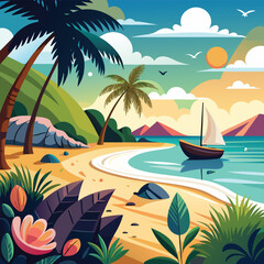 Island seashore landscape with palm trees, turquoise water waves and scenic sky artwork