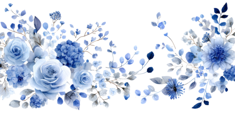 Blue botanical flower set with leaves, watercolor floral collection isolated on transparent background for decor, wedding and design

