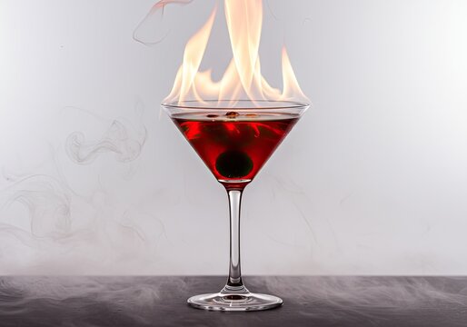 A flaming cocktail in a glass dramatic lighting isolated on a white background 