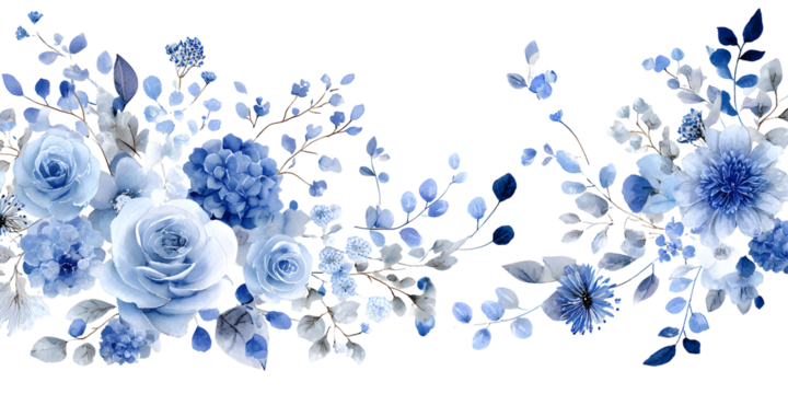 Blue botanical flower set with leaves, watercolor floral collection isolated on transparent background for decor, wedding and design

