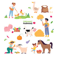 Organic Farming with Man and Woman Do Agricultural Work Vector Set