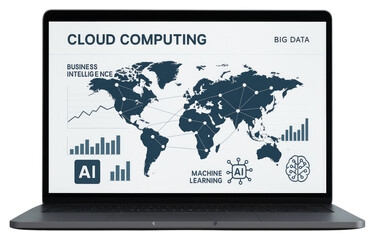 Laptop screen shows cloud computing big data and AI with world map and charts computer technology isolated on a transparent background