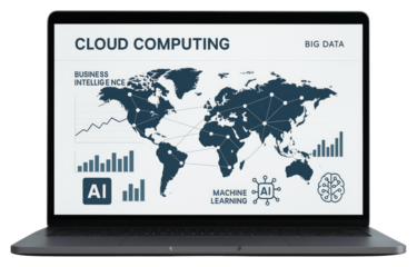 Laptop screen shows cloud computing big data and AI with world map and charts computer technology isolated on a transparent background
