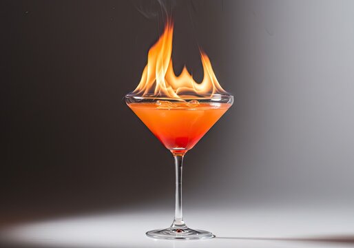 A flaming cocktail in a glass dramatic lighting isolated on a white background 