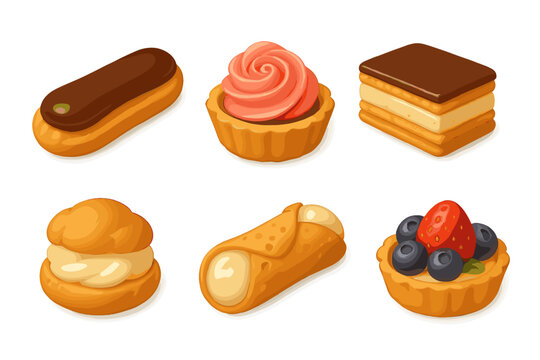 Assortment of delicious baked pastries and sweet desserts featuring various toppings and creamy fillings, perfect for a bakery menu