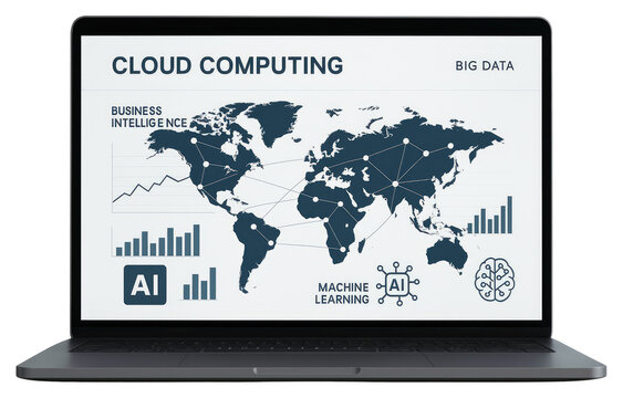 Laptop screen shows cloud computing big data and AI with world map and charts computer technology isolated on a transparent background - Powered by Adobe
