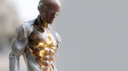 Futuristic humanoid robot design with glowing circuitry elements showcasing advanced technology and human-like features in a sleek metallic style
