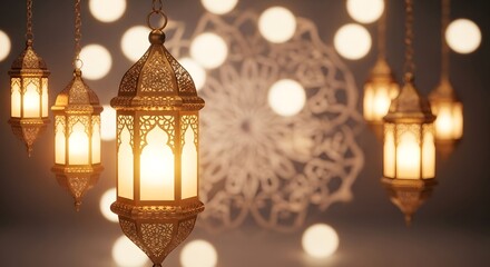 Decorative Ramadan lanterns with glowing lights and intricate patterns, celebrating the holy month