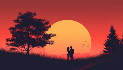 A digital illustration shows a man and woman standing together, silhouetted against a large orange sun and red sky, with trees and tall grass around them.