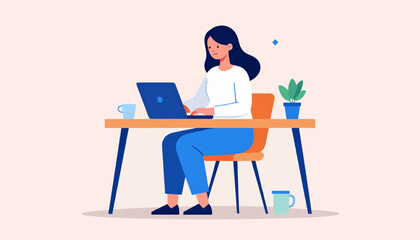 Illustration of a woman working on a laptop at a desk with a plant and coffee.