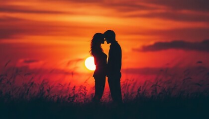 A romantic silhouette of a man and woman standing close together during a vibrant sunset, the sun is setting behind them in an open field.