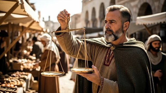 Man merchant holding scales at a historical market for trading goods and accurate measurement, historical footage