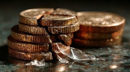 A close-up of stacked coins with one broken and chipped, symbolizing discontinuity and instability,