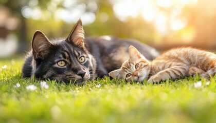 An adult black cat and an orange tabby kitten lie together in the grass on a bright, sunny day.