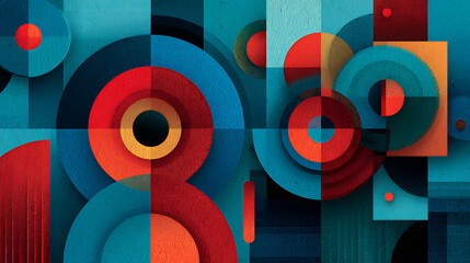 abstract geometric visual blend blues, modern composition shapes creates dynamic experience reds minimal text complements design 46078864 1