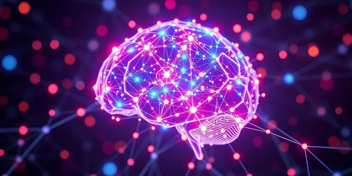 Abstract glowing network nodes forming AI brain,  background,  big data