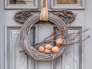A rustic twigs and dried fruit wreath adorns a gray door, adding autumn charm to the suburban scene