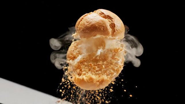 Kitchen knife slicing into a delicate golden-brown choux pastry, a classic french dessert, against a stark black background, highlighting the baking process and sweet treat