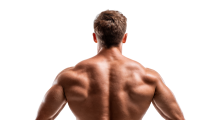 Rear view of muscular man back. Powerful athlete body showing strength and fitness with determination