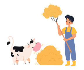 Man Farmer Character Feed Cow with Hay Vector Illustration