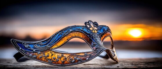 A beautifully designed masquerade mask rests on a wooden surface, with a vibrant sunset reflecting over the still lake