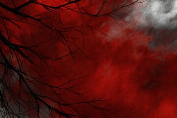 Silhouetted branches rise against a bright red sky, creating a striking view at sunset in a tranquil setting