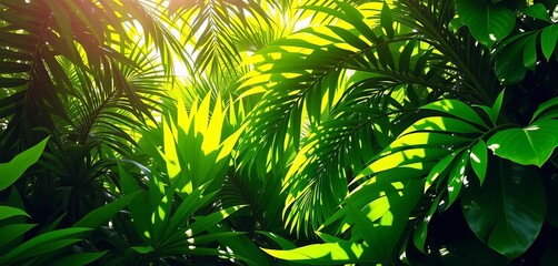 Lush vibrant green tropical leaves, sunlight dappled, outdoor, shadow