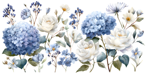 Watercolor blue and white flower set, floral leaves and bouquet arrangement isolated on transparent background for decor and wedding design