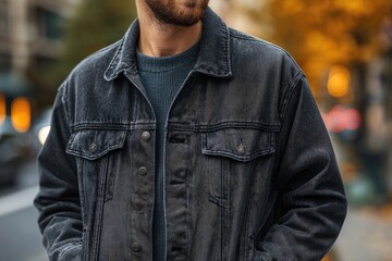 Fototapeta premium Man Wearing Denim Jacket And Sweater image (45