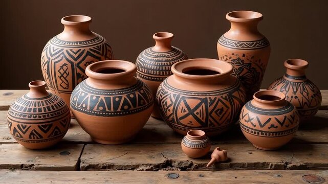 Collection of handcrafted terracotta pottery with intricate geometric patterns displayed on a rustic wooden surface.