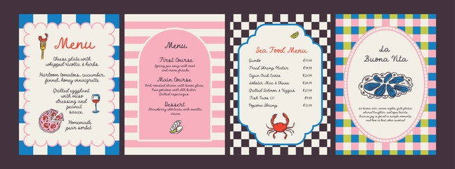Whimsical hand drawn sea food poster and menu template in trendy whimsical style. Perfect doodle for quirky italian dinner  restaurant and cafe, kitchen wall art, poster,  party, birthday, sign