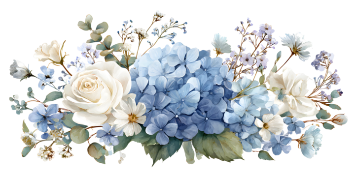 Watercolor blue and white flower set, floral leaves and bouquet arrangement isolated on transparent background for decor and wedding design
