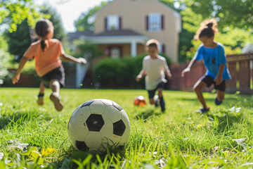 Obraz premium Children happily playing a friendly game of soccer in comfort of their own backyard, fostering teamwork, physical activity, and a love for sport at a young age