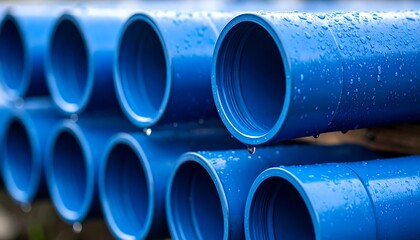 Blue PVC Pipes Stacked Closeup with Water Droplets on Surface  Industrial Backdrop.