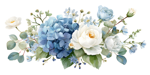 Watercolor blue and white flower set, floral leaves and bouquet arrangement isolated on transparent background for decor and wedding design

