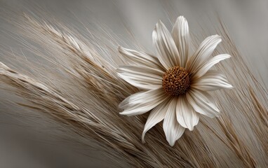 A white flower rests gently on soft grass, showcasing its beauty in a calm and minimalist environment