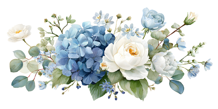 Watercolor blue and white flower set, floral leaves and bouquet arrangement isolated on transparent background for decor and wedding design

