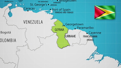 Guyana on the World Map with the country's national flag flying.