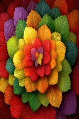 Brightly colored leaves are arranged in layers to form a stunning floral pattern, showcasing autumn's vibrant hues