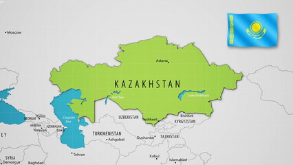 Kazakhstan on the World Map with the country's national flag flying.