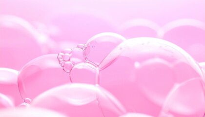Close-Up of Pink Bubbles with Reflective Surfaces and Rounded Shapes against a Soft Pink Background for Cosmetic Product Mockup