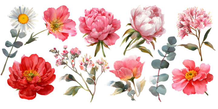 Botanical pink flower set with leaves and blossoms, floral collection watercolor illustration isolated on transparent background for decor