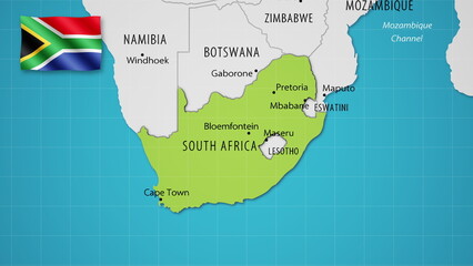 South Africa on the World Map with the country's national flag flying.