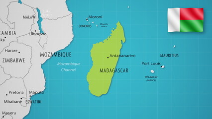 Madagascar on the World Map with the country's national flag flying.