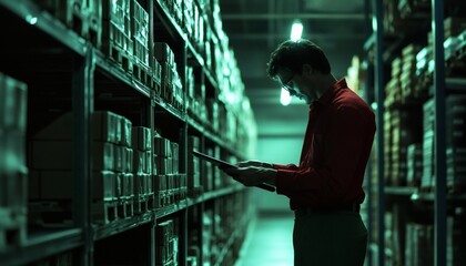 Fototapeta premium A person in a red shirt uses a tablet device while standing in a dimly lit warehouse with tall shelves full of boxes.
