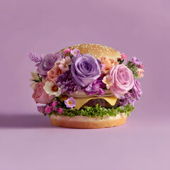 An imaginative burger filled with colorful various spring flowers, substituting traditional ingredients on pastel purple background. Food concept.